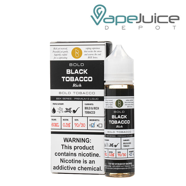 A box of Black Tobacco Glas Basix Series with a warning sign and a 60ml bottle next to it - Vape Juice Depot