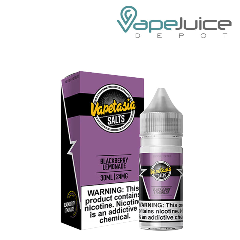 A box of Blackberry Lemonade Vapetasia Salts with a warning sign and a 30ml bottle next to it - Vape Juice Depot
