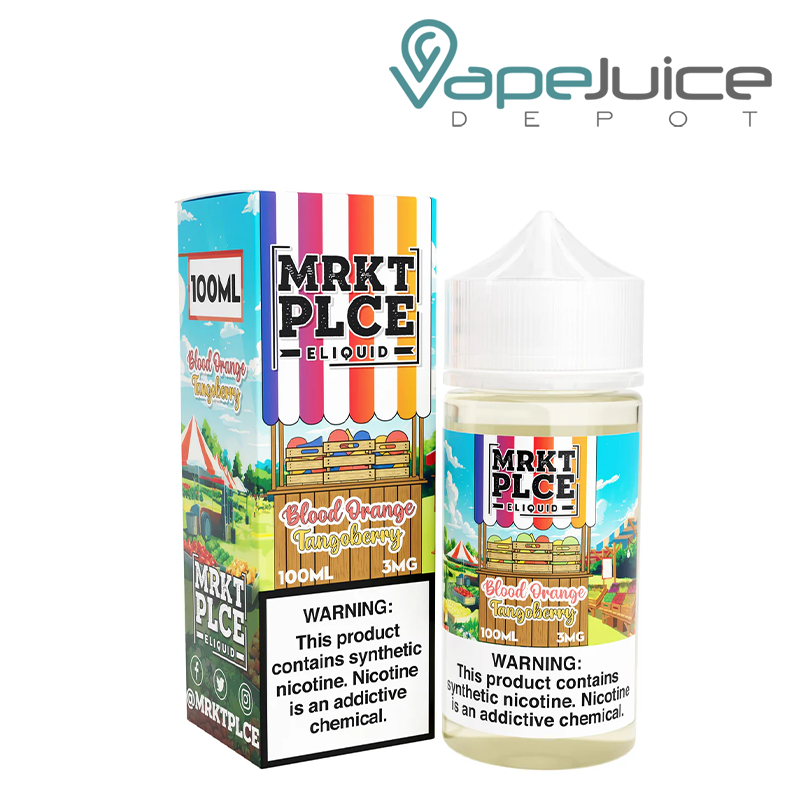 A Box of Blood Orange Tangoberry MRKTPLCE eLiquid with a warning sign and a 100ml bottle next to it - Vape Juice Depot
