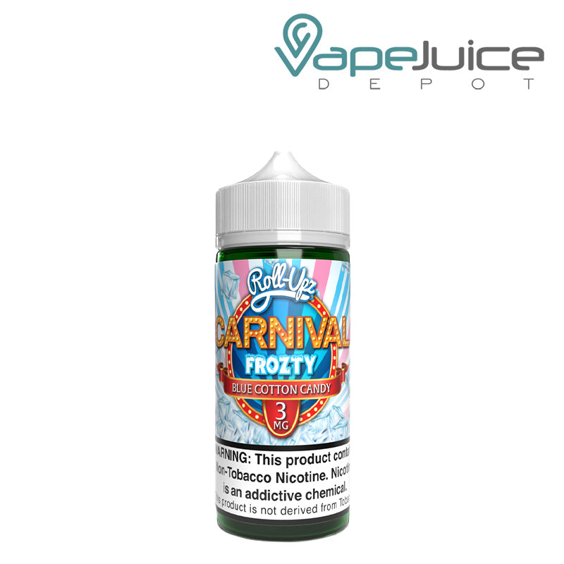 A 100ml Botthe of Blue Cotton Candy Frozty Carnival Roll Upz with a warning sign - Vape Juice Depot