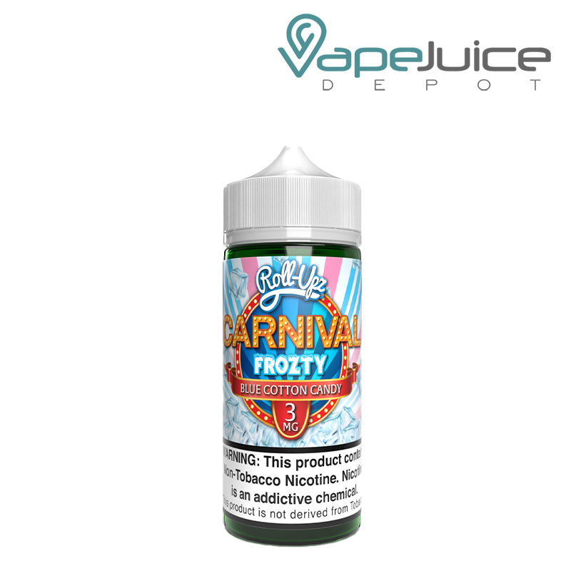 A 100ml bottle of Blue Cotton Candy Frozty Carnival Roll Upz with a warning sign - Vape Juice Depot