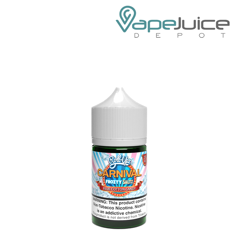 A 30ml bottle of Blue Cotton Candy Frozty Carnival Roll Upz Salt with a warning sign - Vape Juice Depot