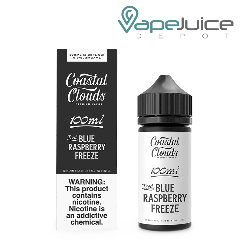 A box of Iced Blue Raspberry Freeze Coastal Clouds 100ml with a warning sign and a bottle next to it - Vape Juice Depot