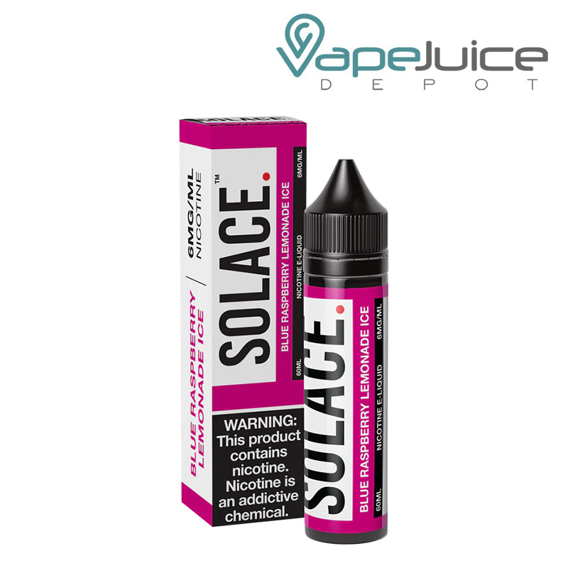A box of Blue Raspberry Lemonade Ice Solace Vapors 6mg with a warning sign and a 60ml bottle next to it - Vape Juice Depot