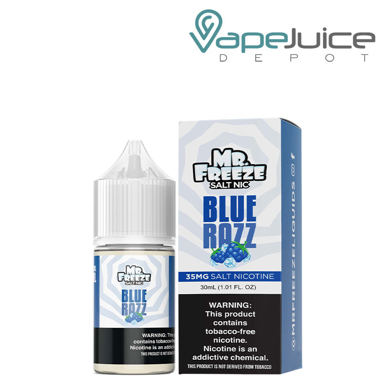 A 30ml bottle of Blue Raspberry Mr Freeze Salt Nic and a box with a warning sign next to it - Vape Juice Depot