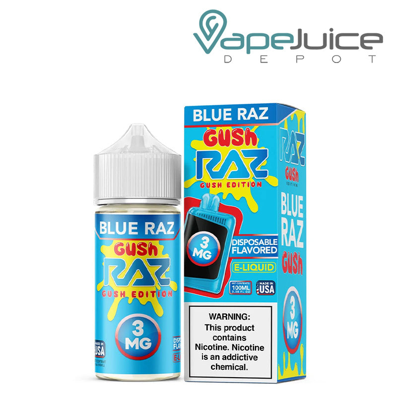 A 100ml bottle of Blue Raz Gush Pod Juice x Raz and a box with a warning sign next to it - Vape Juice Depot