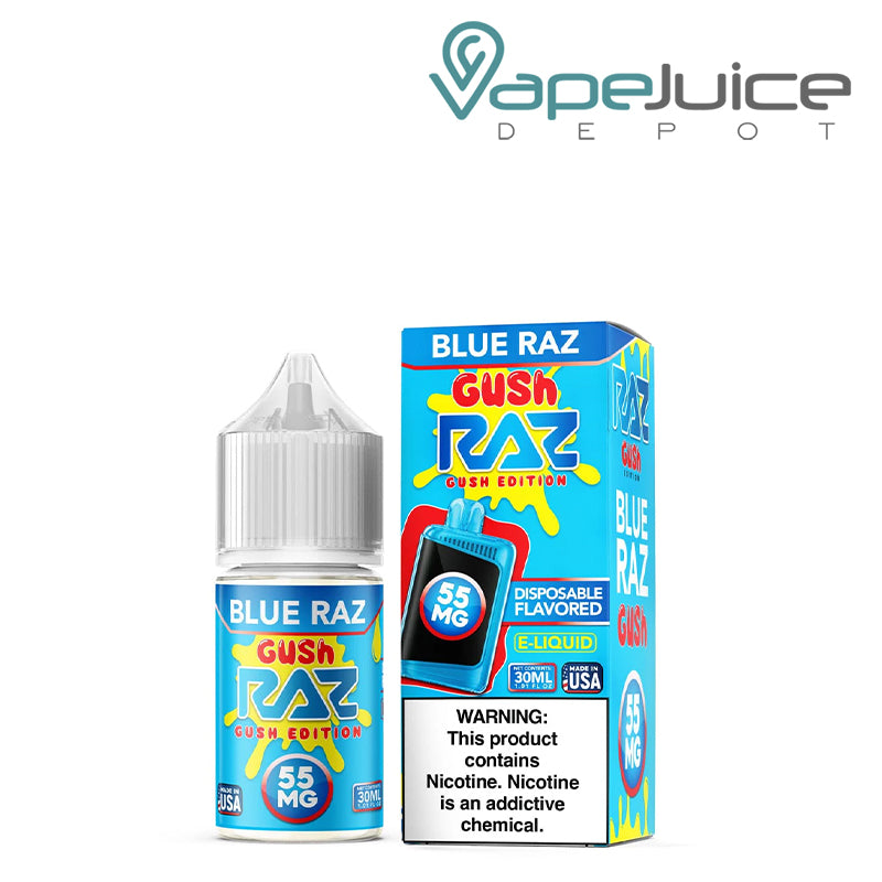 A 30ml bottle of Blue Raz Gush Pod Juice x Raz Salt and a box with a warning sign next to it - Vape Juice Depot
