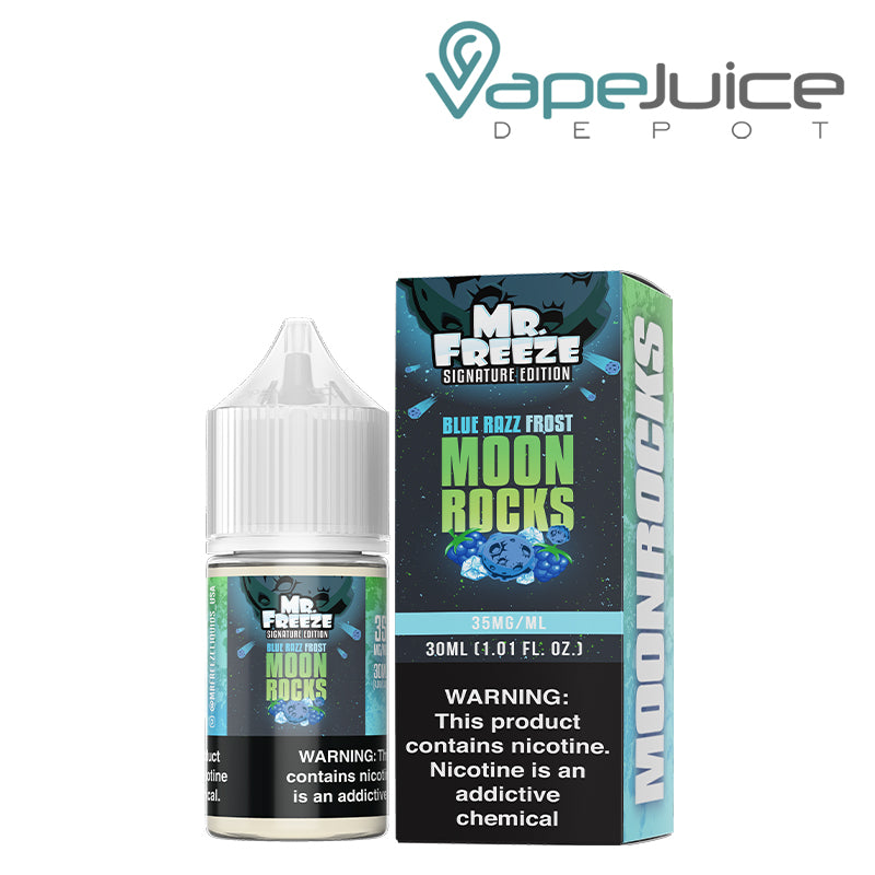 A 30ml bottle of Blue Razz Frost Moonrocks Mr Freeze Salts and a box with a warning sign next to it - Vape Juice Depot