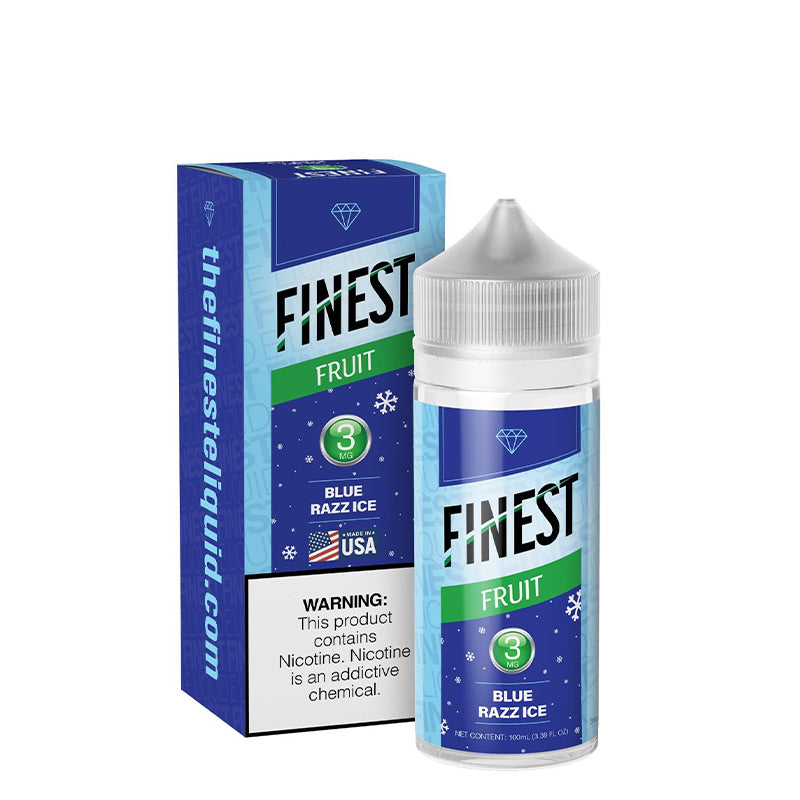 A Box of Blue Razz Ice The Finest Fruit Edition with a warning sign and a 100ml 3mg bottle next to it - Vape Juice Depot