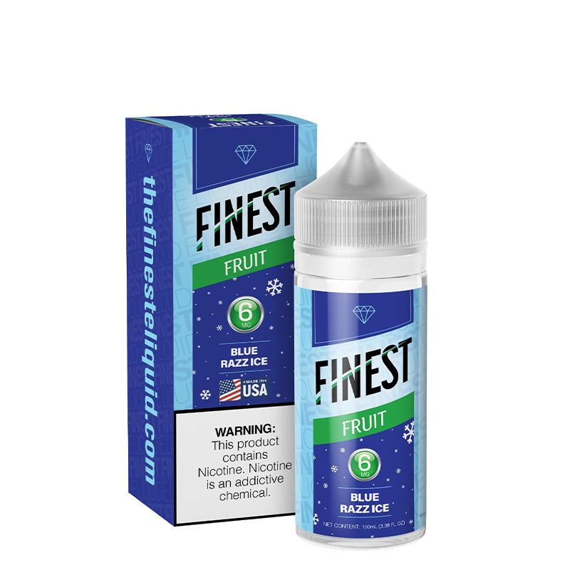 A Box of Blue Razz Ice The Finest Fruit Edition with a warning sign and a 100ml 6mg bottle next to it - Vape Juice Depot