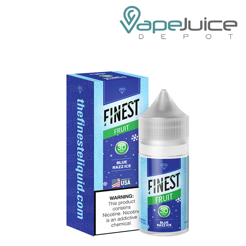 A Box of Blue Razz ice The Finest Salt Nic with a warning sign and a 30ml 30mg bottle next to it - Vape Juice Depot