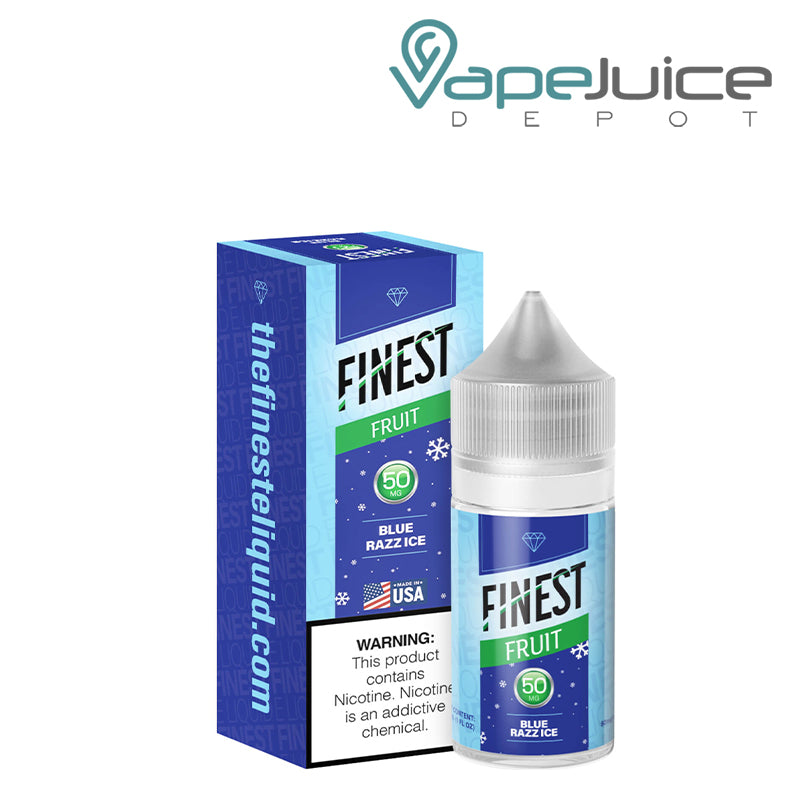 A Box of Blue Razz ice The Finest Salt Nic with a warning sign and a 30ml 50mg bottle next to it - Vape Juice Depot
