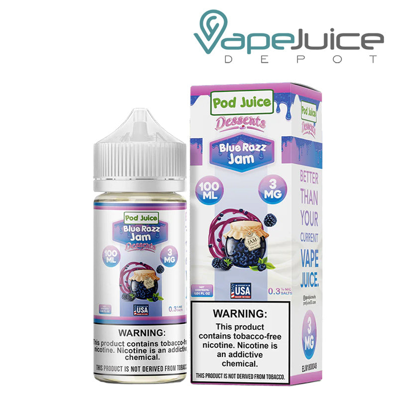 A 100ml bottle of Blue Razz Jam Pod Juice TFN with a warning sign and a box next to it - Vape Juice Depot