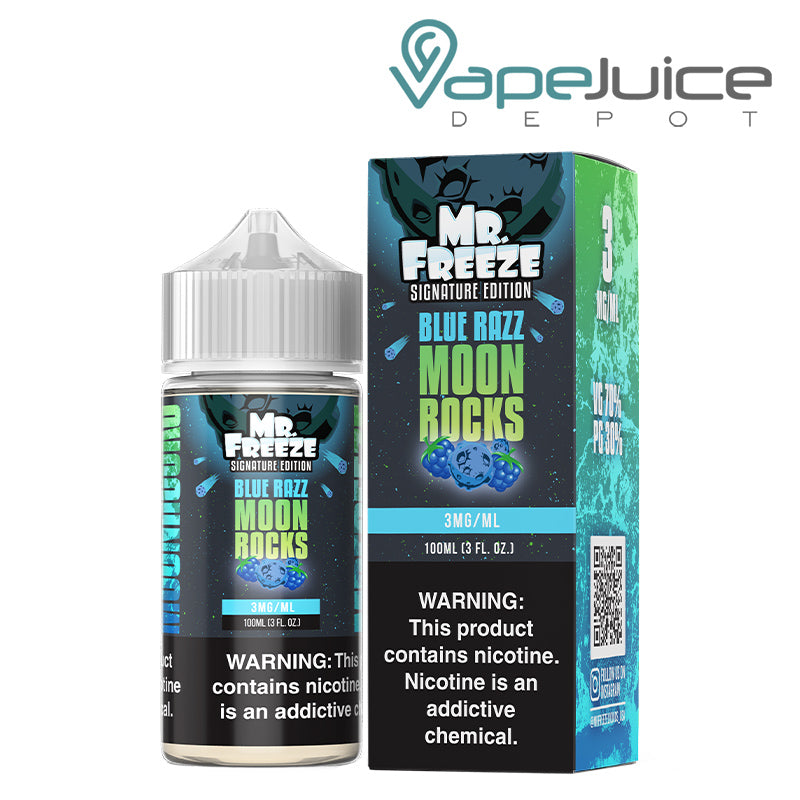 A 100ml bottle of Blue Razz Moonrocks Mr Freeze and a box with a warning sign next to it - Vape Juice Depot