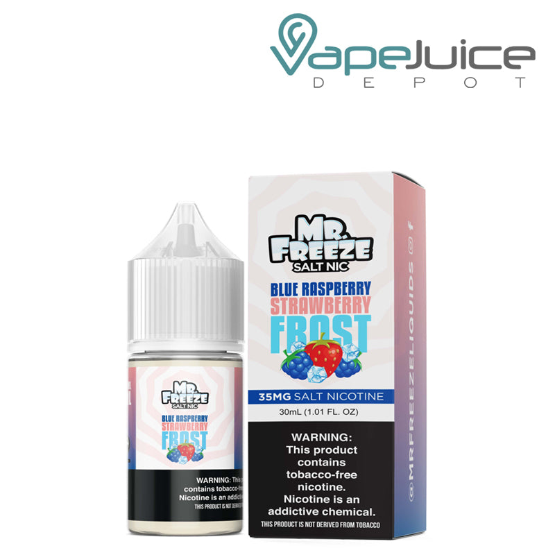 A 30ml bottle of Blue Razz Strawberry Frost Mr Freeze Salts and a box with a warning sign next to it - Vape Juice Depot