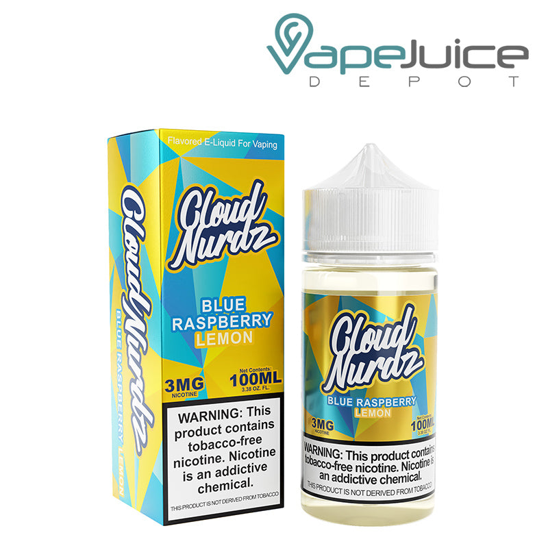 A box of Blue Raspberry Lemon TFN Cloud Nurdz with a warning sign and a 100ml bottle - Vape Juice Depot