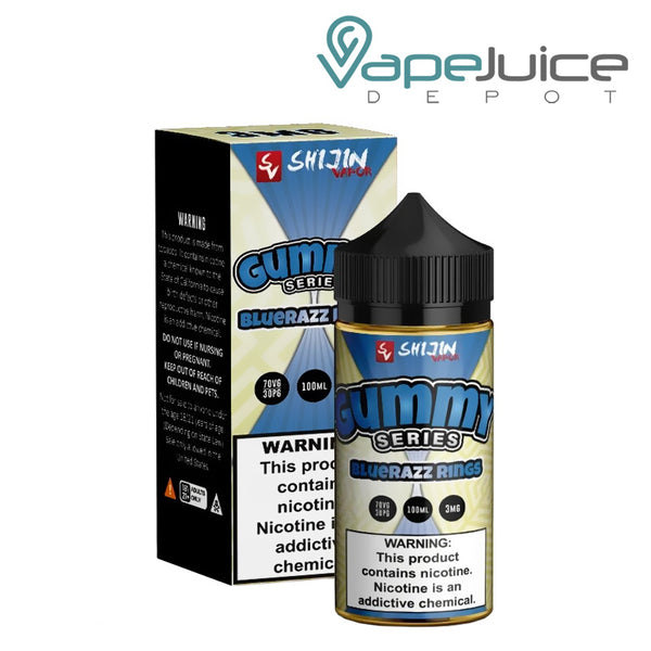 A box of BlueRazz Rings Gummy O eLiquid by Shijin Vapor and a 100ml bottle with a warning sign next to it - Vape Juice Depot