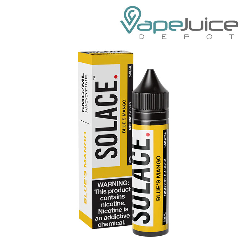 A box of Blue's Mango Solace Vapors 6mg with a warning sign and a 60ml bottle next to it - Vape Juice Depot