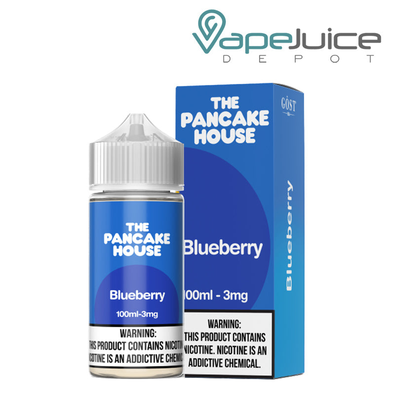A 100ml bottle of Blueberry Flapjacks The Pancake House and a box with a warning sign next to it - Vape Juice Depot