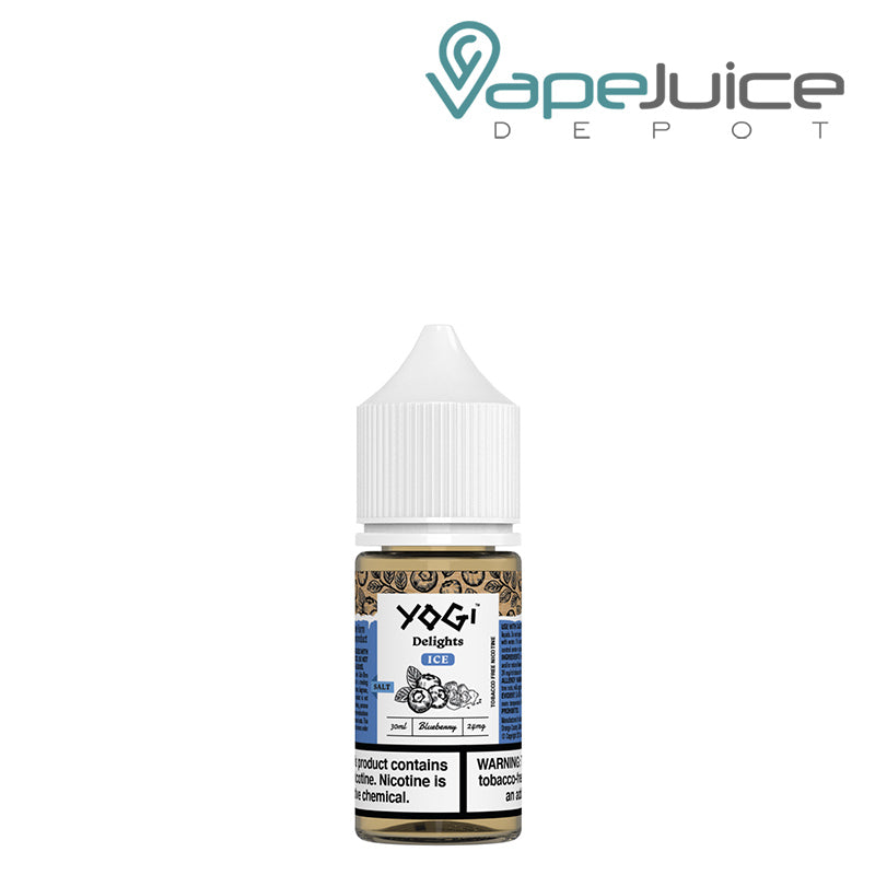 A 30ml bottle of Blueberry Ice Salts YOGI Delights with a warning sign - Vape Juice Depot
