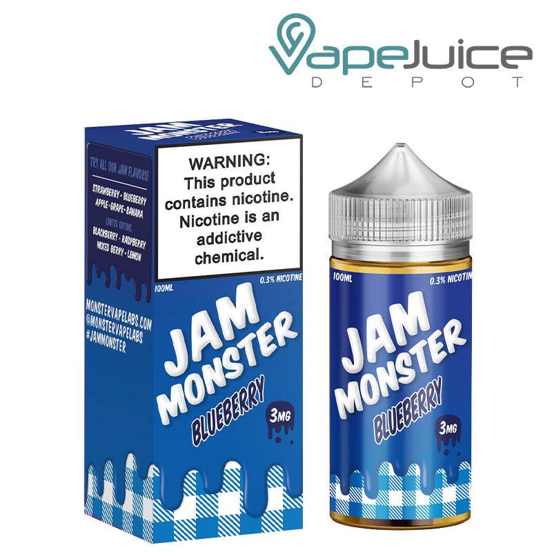 A box of Blueberry Jam Monster eLiquid with a warning sign and a 100ml bottle next to it - Vape Juice Depot