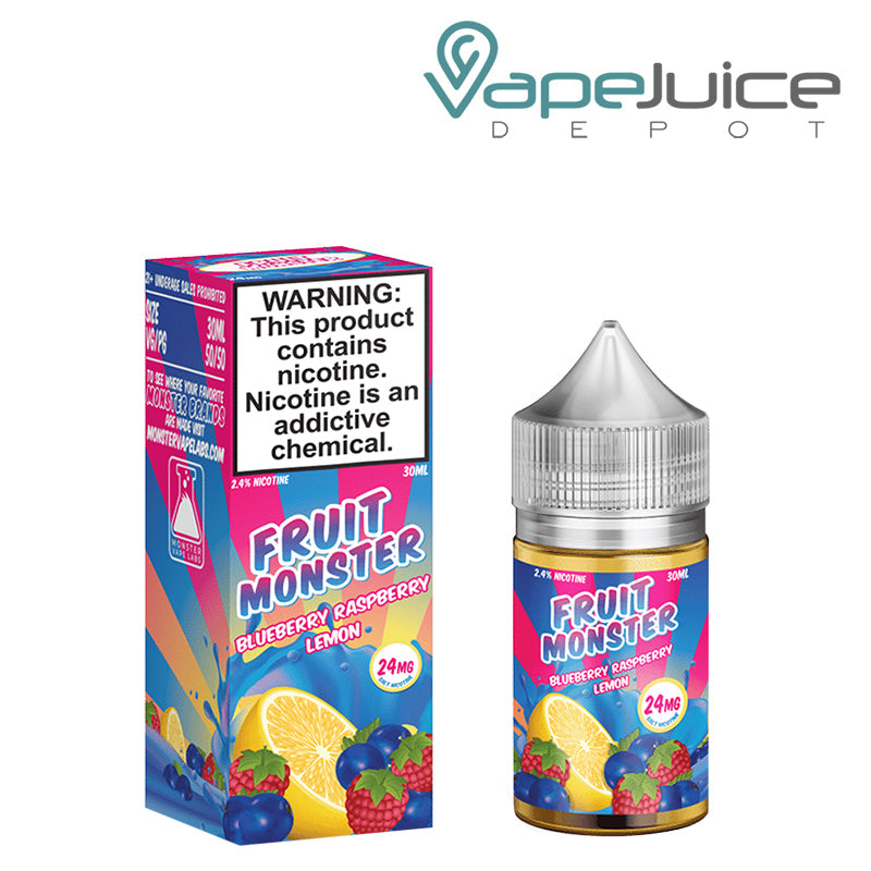 A box of Blueberry Raspberry Lemon Fruit Monster Salt with a warning sign and a 30ml bottle next to it - Vape Juice Depot