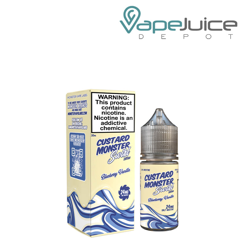 A Box of Blueberry Vanilla Custard Monster Salts with a warning sign and a 30ml bottle next to it - Vape Juice Depot