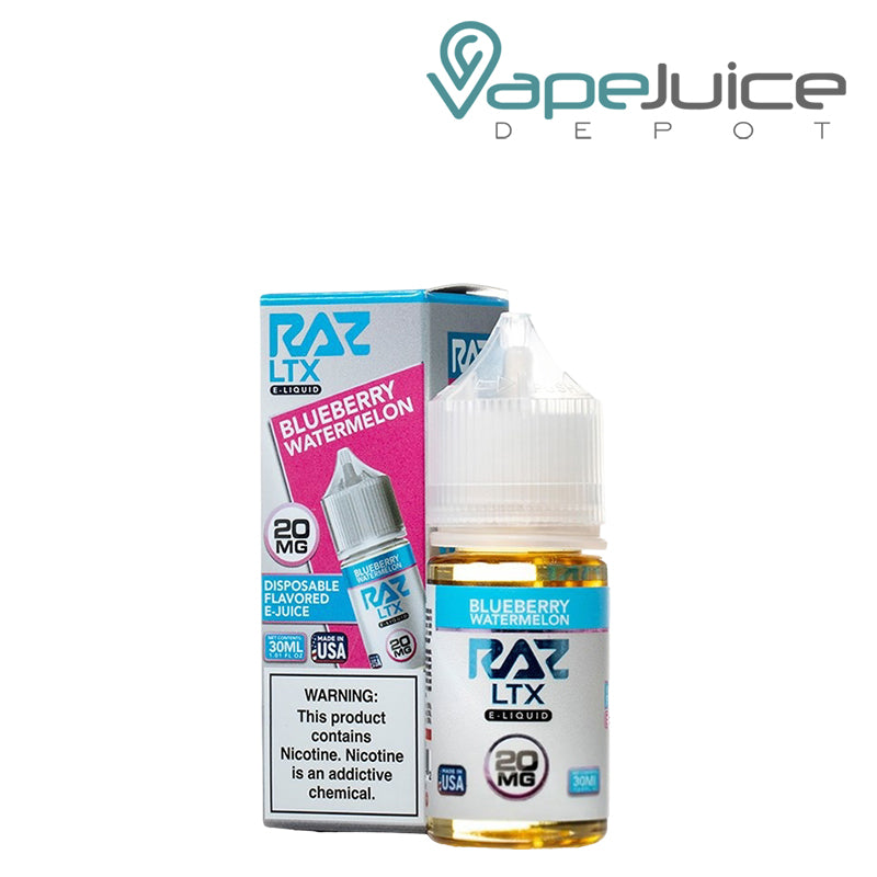 A box of Blueberry Watermelon Pod Juice x Raz LTX salt with a warning sign and a 30ml bottle next to it - Vape Juice Depot