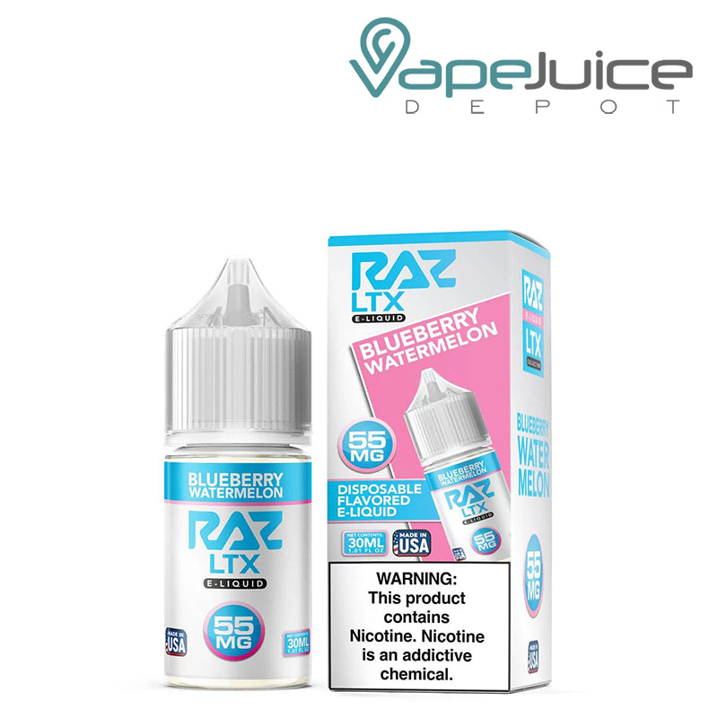 A box of Blueberry Watermelon Pod Juice x Raz LTX salt with a warning sign and a 30ml bottle next to it - Vape Juice Depot