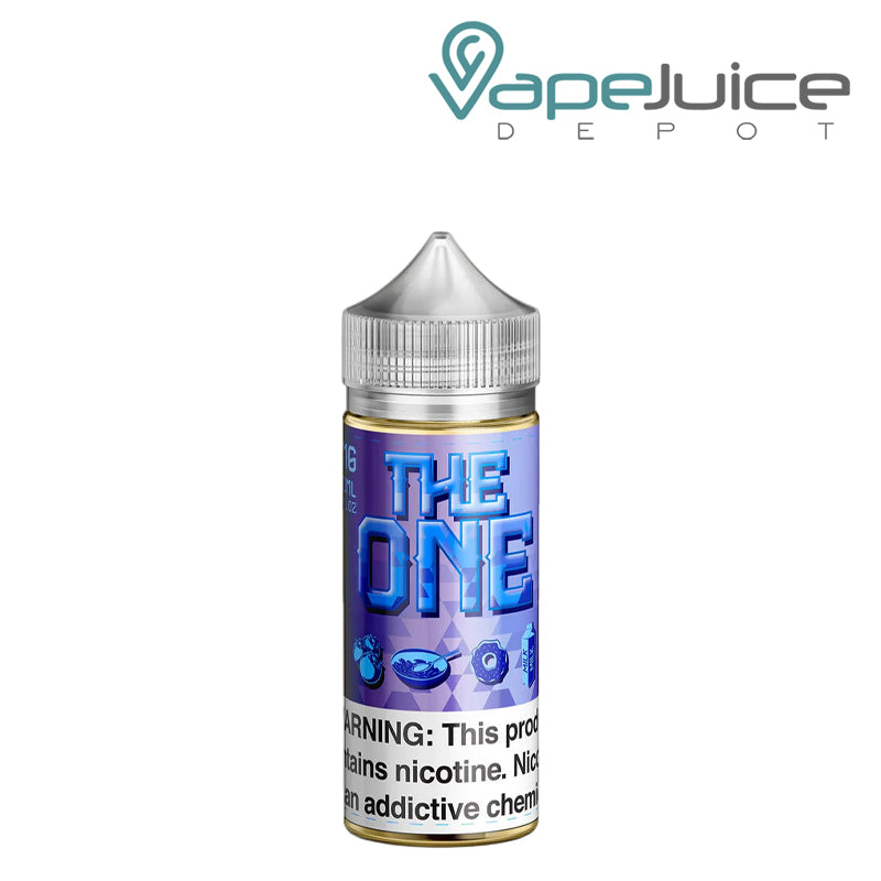 A 100ml bottle of Blueberry Cereal Donut Milk The One eLiquid with a warning sign - Vape Juice Depot