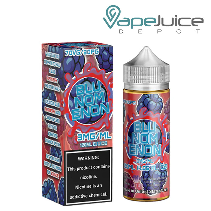 A Box of Blunomenon Nomenon eLiquid with a warning sign next to its 120ml bottle - Vape Juice Depot