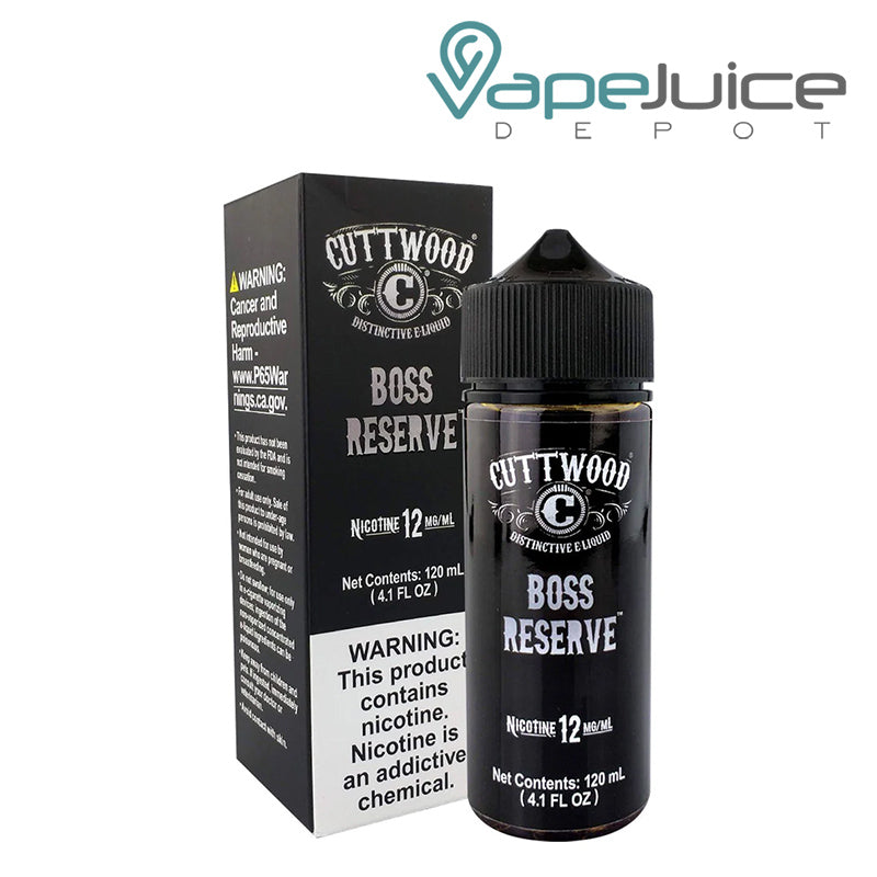 A box of Boss Reserve Cuttwood eLiquid with a warning sign and a 120ml bottle next to it - Vape Juice Depot