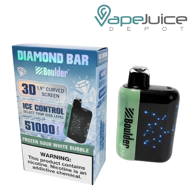 A Box of Frozen Sour White Bubble Boulder Diamond Bar 51K Disposable with a warning sign and a device with display screen next to it - Vape Juice Depot