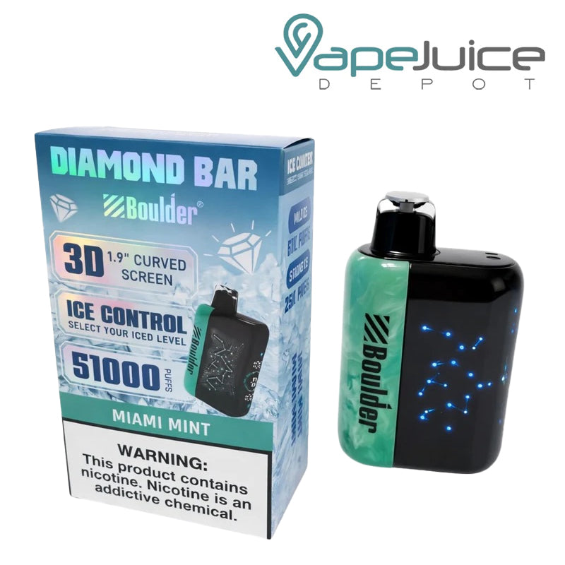 A Box of Miami Mint Boulder Diamond Bar 51K Disposable with a warning sign and a device with display screen next to it - Vape Juice Depot