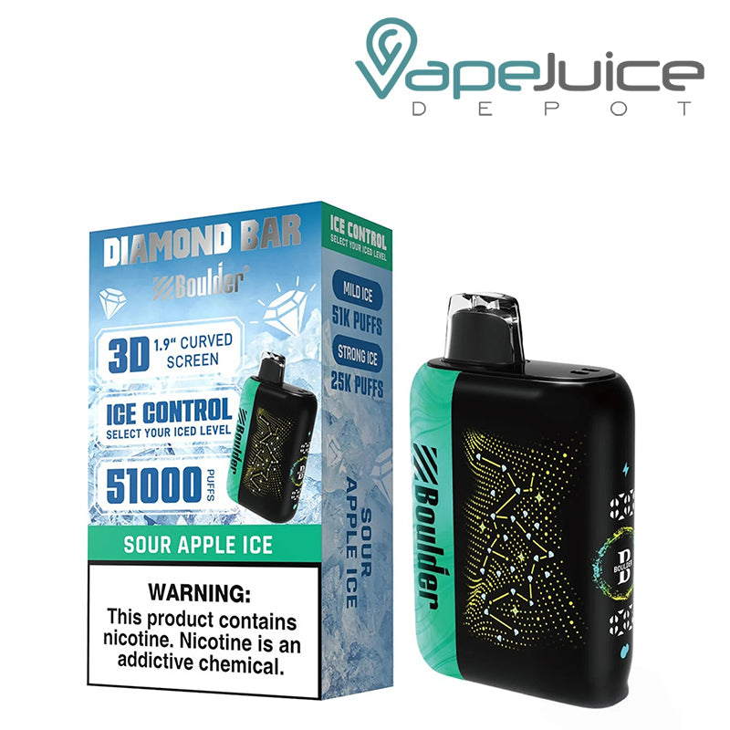 A Box of Sour Apple Ice Boulder Diamond Bar 51K Disposable with a warning sign and a device with display screen next to it - Vape Juice Depot