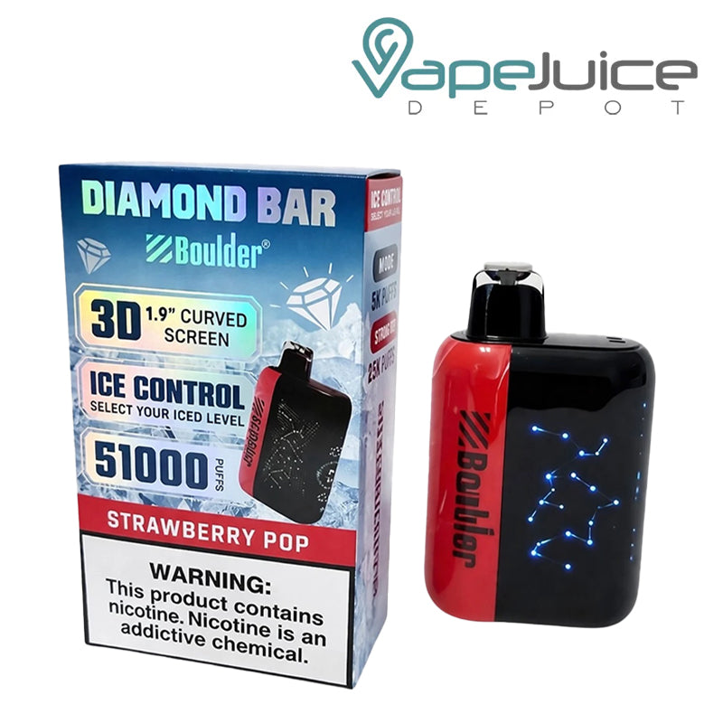 A Box of Strawberry Pop Boulder Diamond Bar 51K Disposable with a warning sign and a device with display screen next to it - Vape Juice Depot