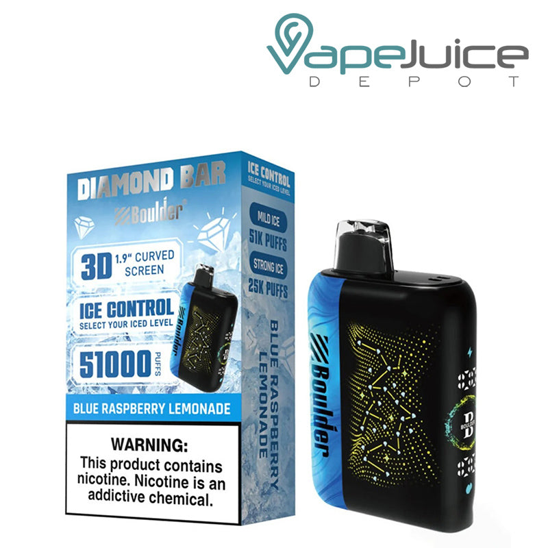 A Box of Blue Raspberry Lemonade Boulder Diamond Bar 51K Disposable with a warning sign and a device with display screen next to it - Vape Juice Depot