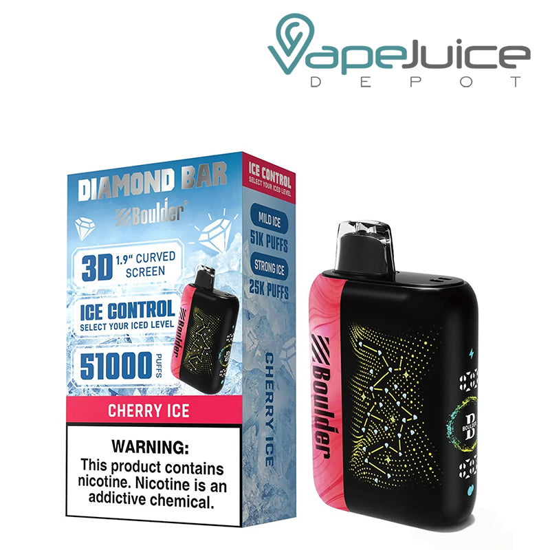 A Box of Cherry Ice Boulder Diamond Bar 51K Disposable with a warning sign and a device with display screen next to it - Vape Juice Depot