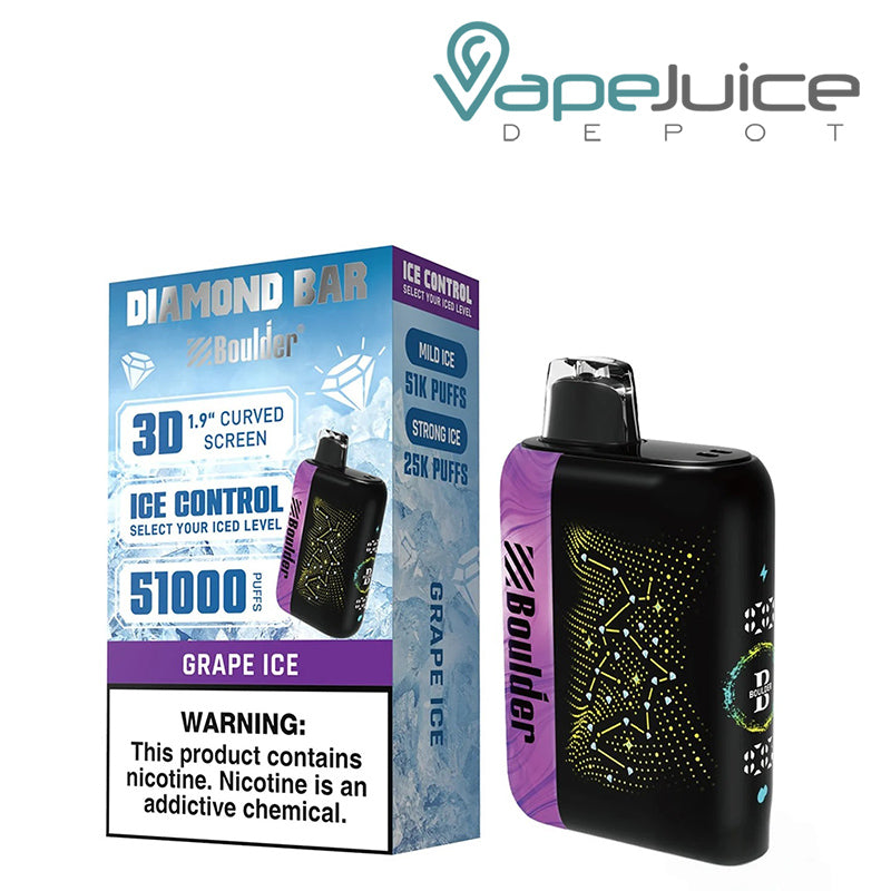 A Box of Grape Ice Boulder Diamond Bar 51K Disposable with a warning sign and a device with display screen next to it - Vape Juice Depot