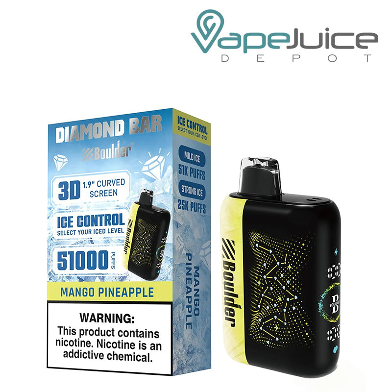 A Box of Mango Pineapple Boulder Diamond Bar 51K Disposable with a warning sign and a device with display screen next to it - Vape Juice Depot