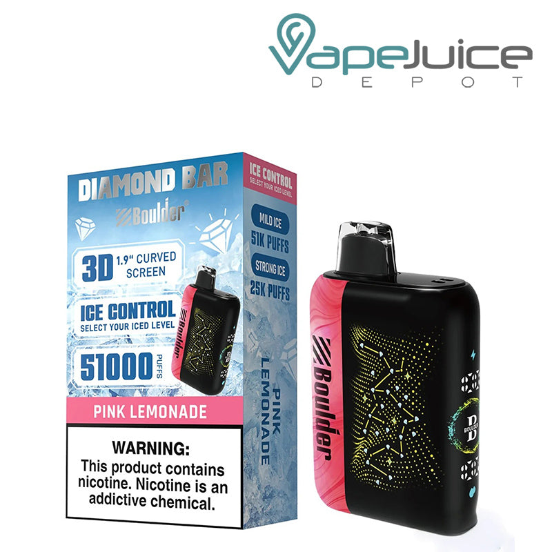 A Box of Pink Lemonade Boulder Diamond Bar 51K Disposable with a warning sign and a device with display screen next to it - Vape Juice Depot