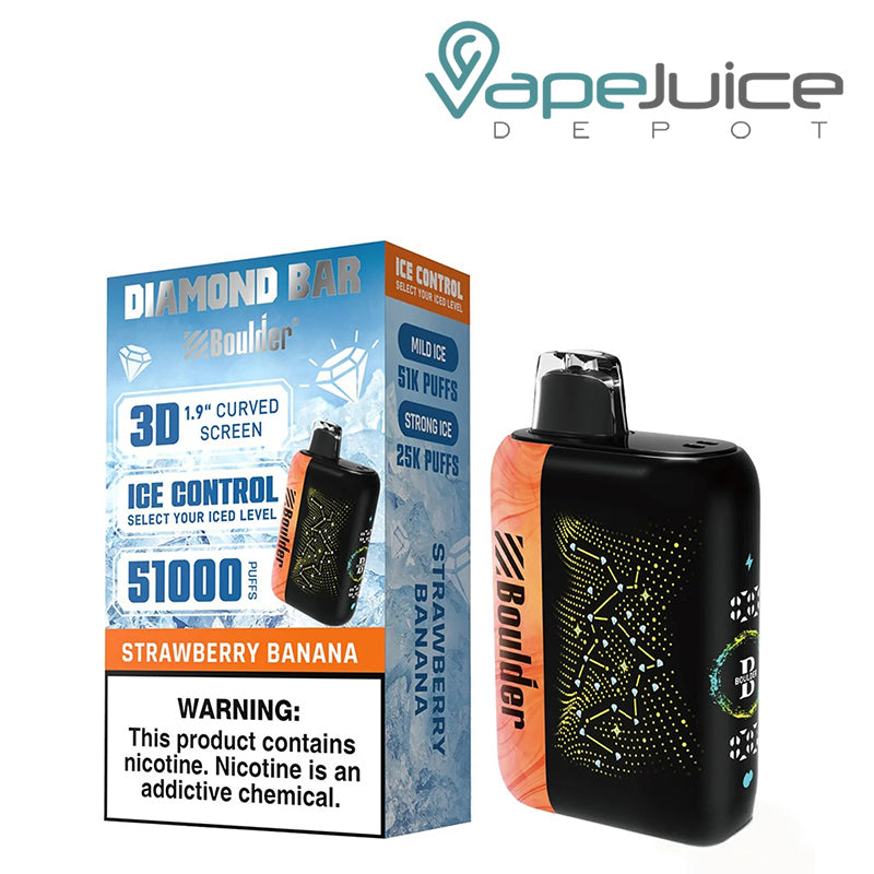 A Box of Strawberry Banana Boulder Diamond Bar 51K Disposable with a warning sign and a device with display screen next to it - Vape Juice Depot