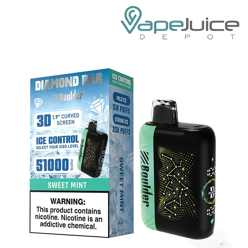 A Box of Sweet Mint Boulder Diamond Bar 51K Disposable with a warning sign and a device with display screen next to it - Vape Juice Depot