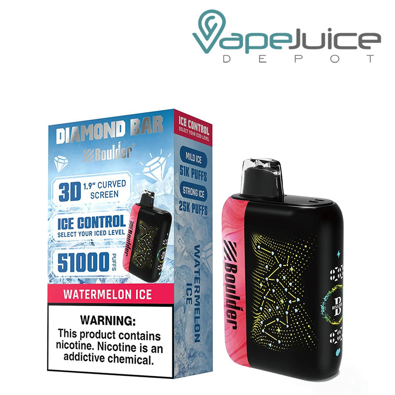 A Box of Watermelon Ice Boulder Diamond Bar 51K Disposable with a warning sign and a device with display screen next to it - Vape Juice Depot