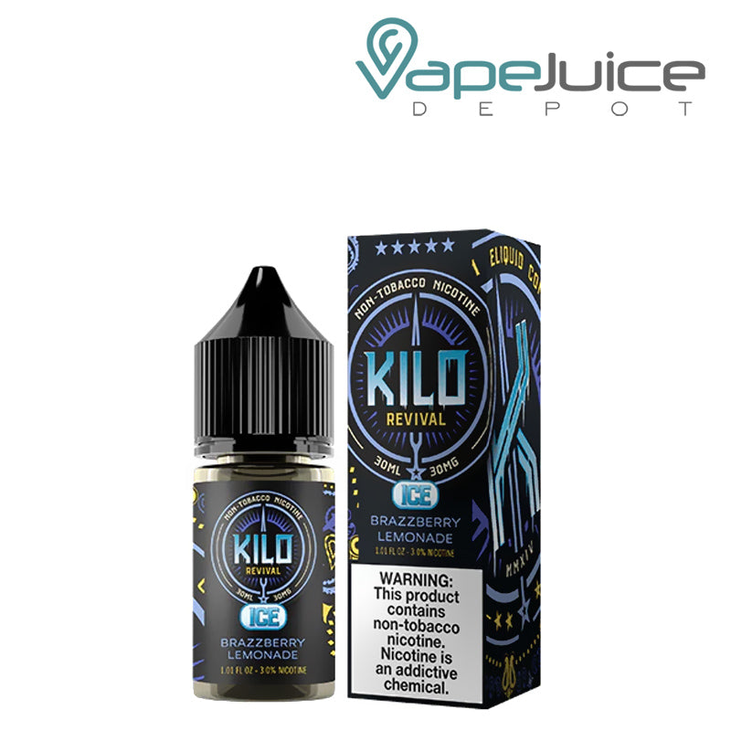 A 30ml bottle of Brazzberry Lemonade Ice Kilo Revival TFN Salt and a box with a warning sign next to it - Vape Juice Depot