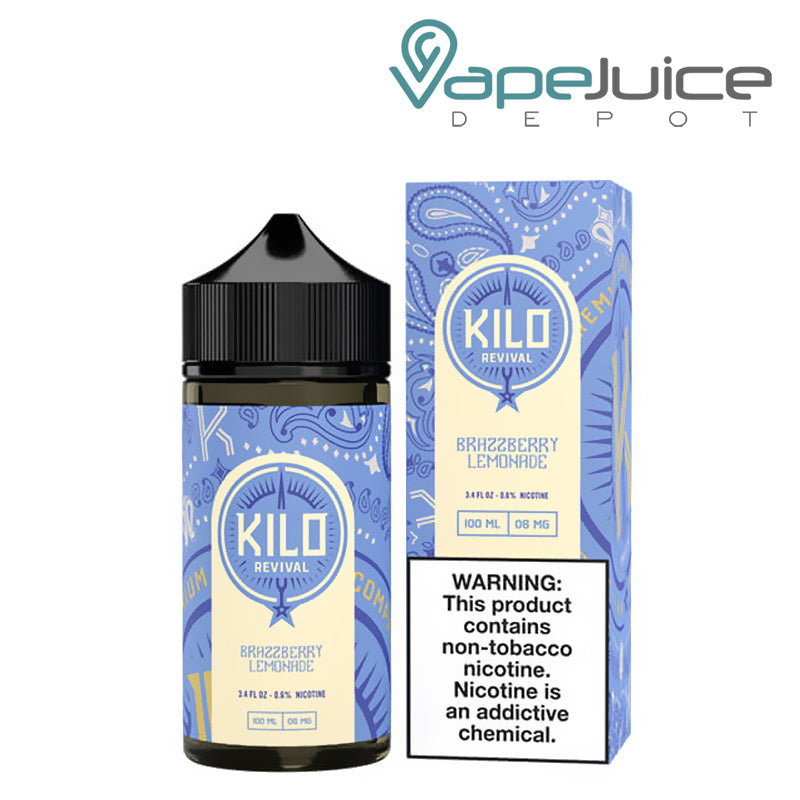 A 100ml bottle of Brazzberry Lemonade Kilo Revival TFN eLiquid and a box with a warning sign next to it - Vape Juice Depot