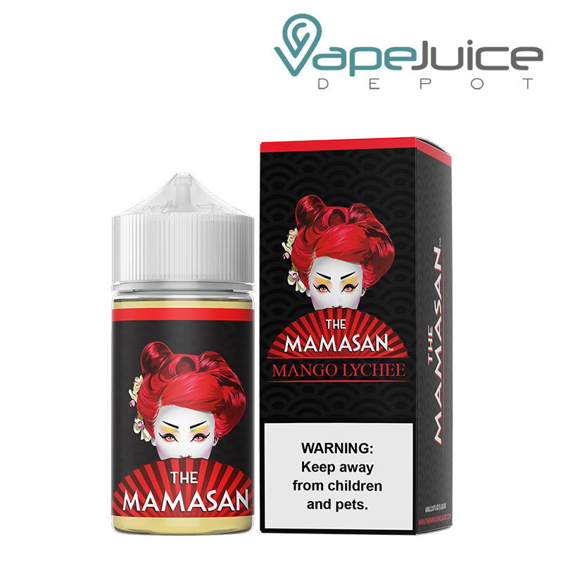 A 60ml bottle of Bruce Leechee The Mamasan eLiquid and a box with a warning sign next to it - Vape Juice Depot