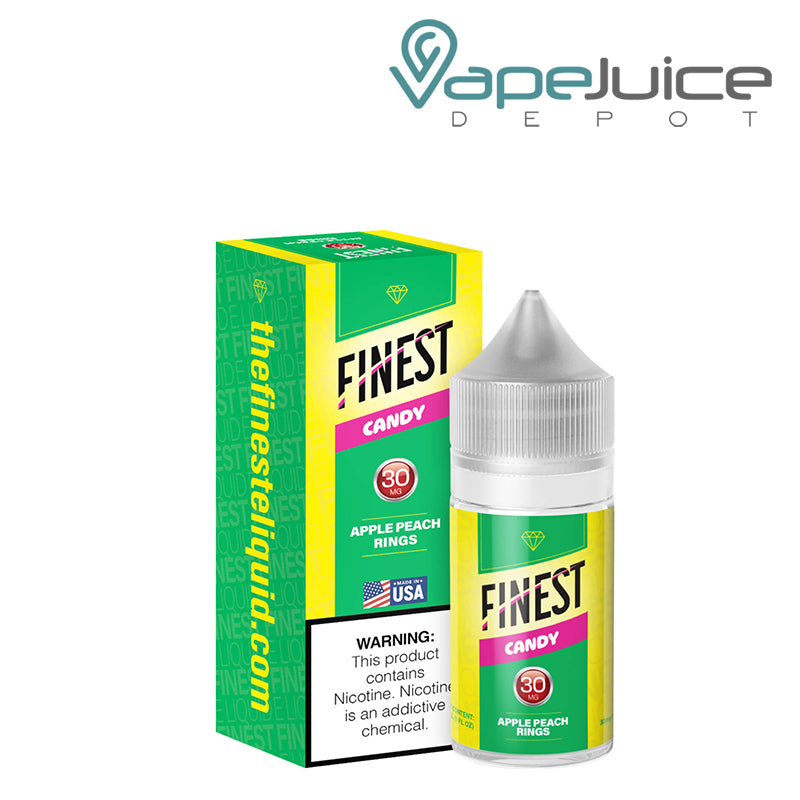 A box of Apple Peach Rings Finest SaltNic Series with a warning sign and a 30ml 30mg bottle next to it - Vape Juice Depot