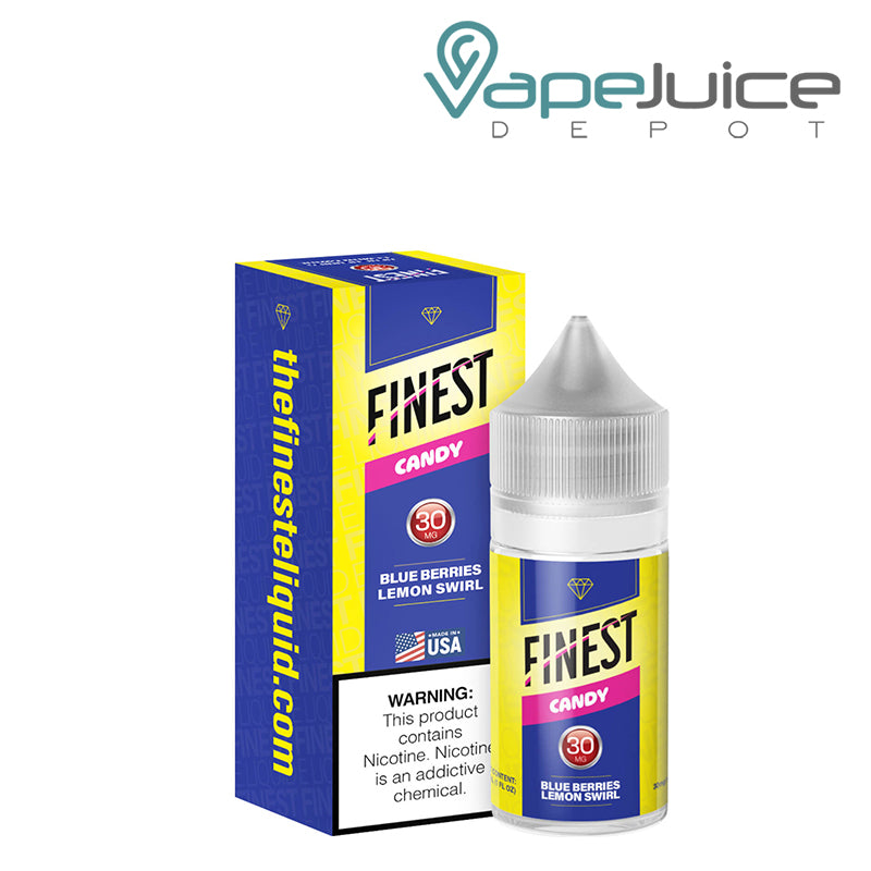 A box of BlueBerries Lemon Swirl The Finest SaltNic with a warning sign and a 30ml 30mg bottle next to it - Vape Juice Depot
