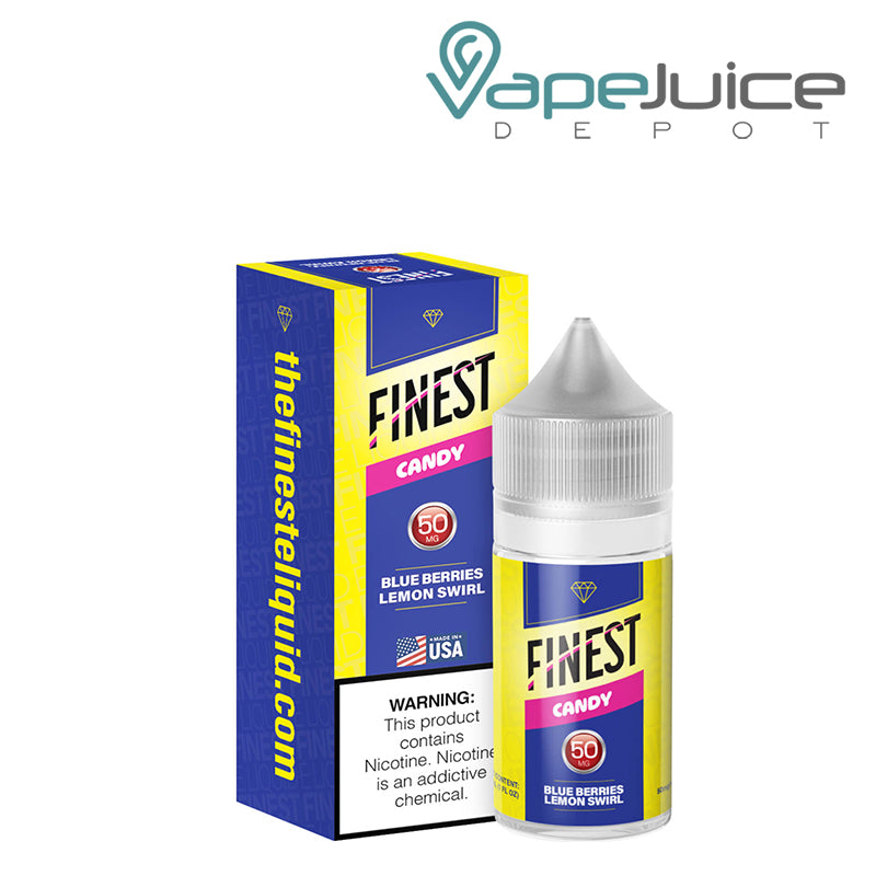 A box of BlueBerries Lemon Swirl The Finest SaltNic with a warning sign and a 30ml 50mg bottle next to it - Vape Juice Depot